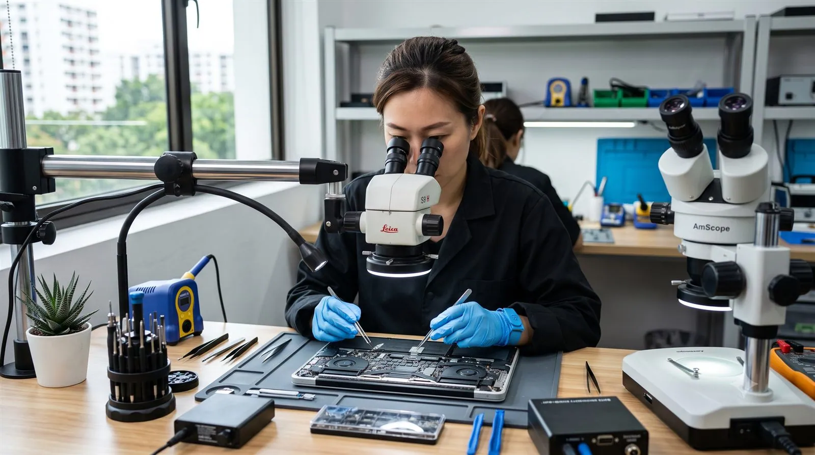 A data recovery engineer working on a Mac drive in a professional lab