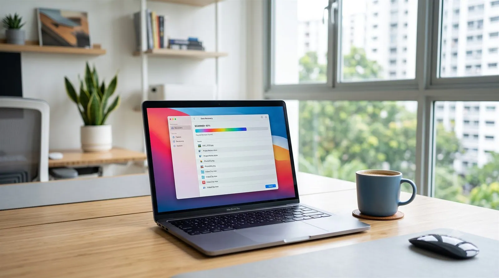 A MacBook on a desk running data recovery software with a scan in progress