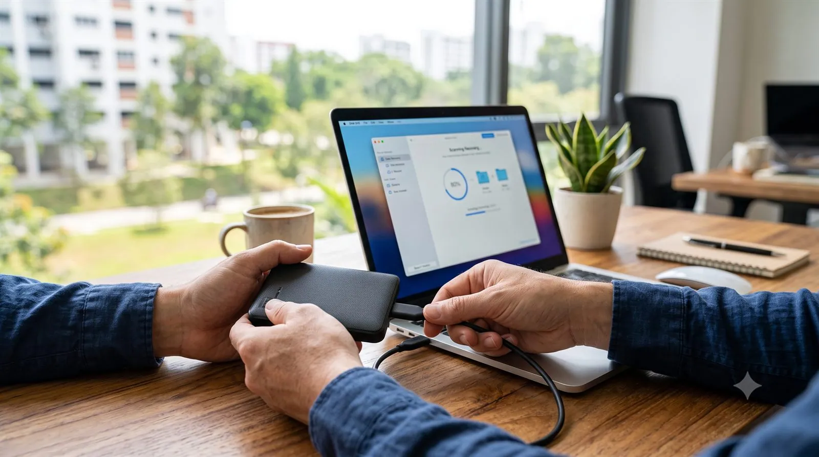A person at a desk using a Mac to scan an external hard drive for lost files