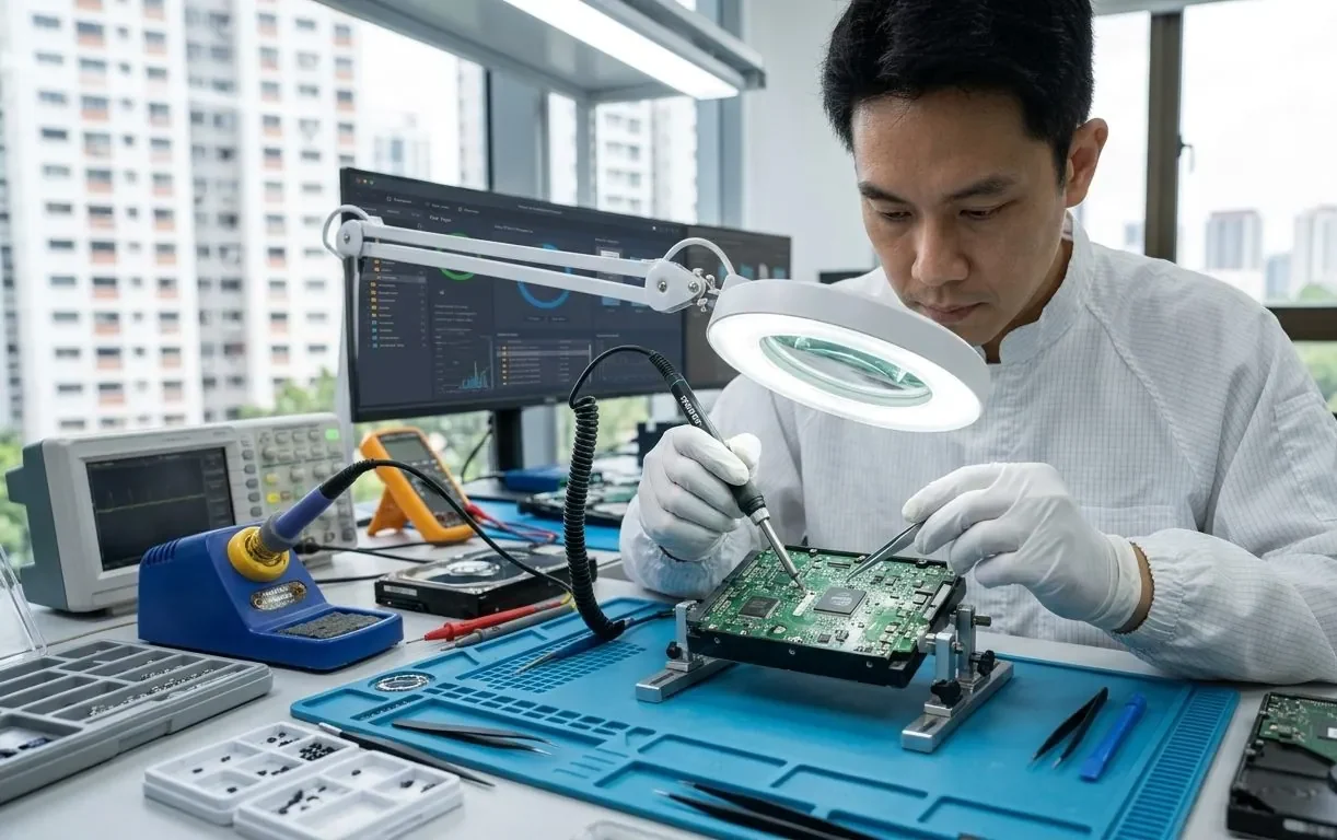 A data recovery engineer working on a WD drive's board in a lab to read the disk