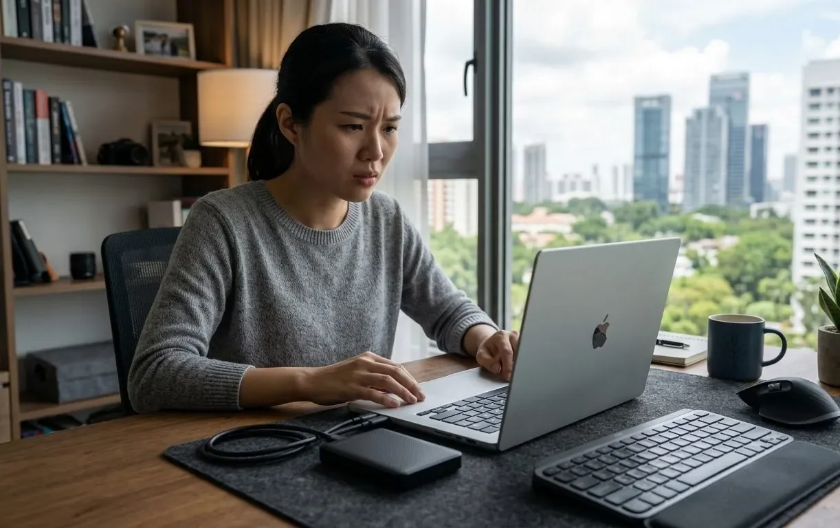 A WD external hard drive plugged into a laptop that doesn't detect it