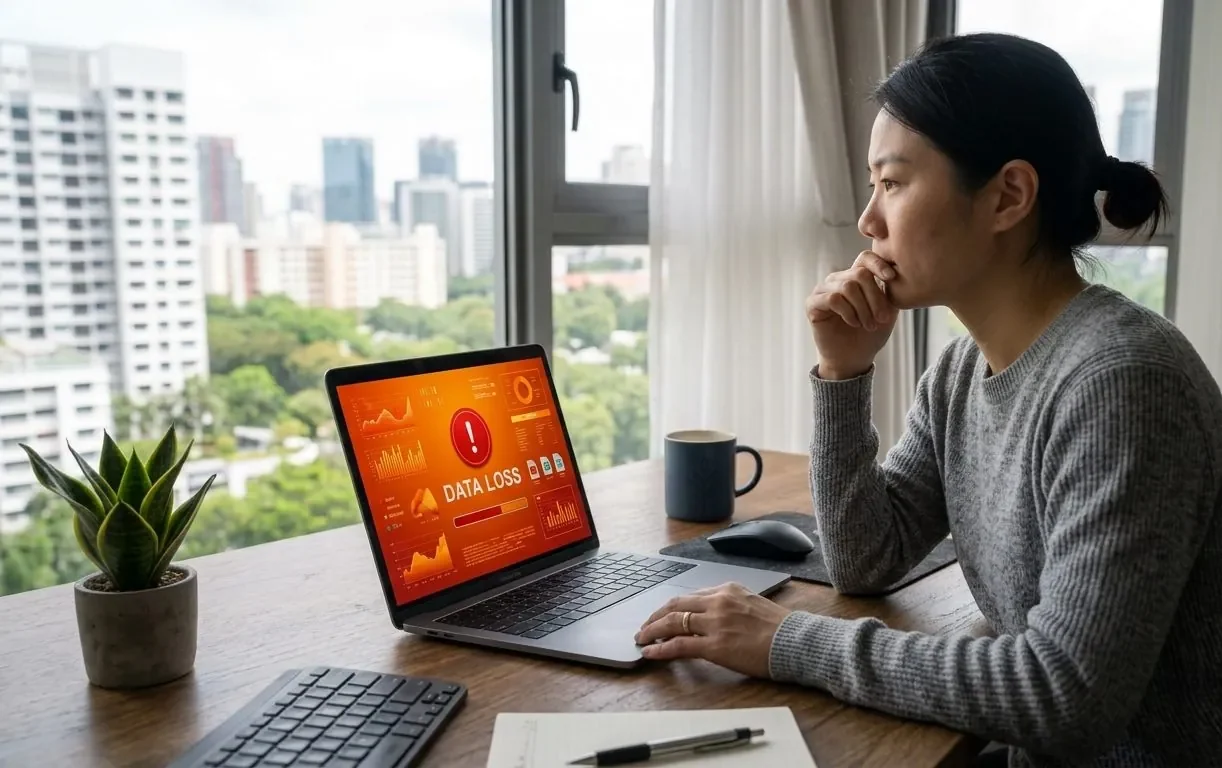 A person pausing before acting on a laptop with a data loss warning