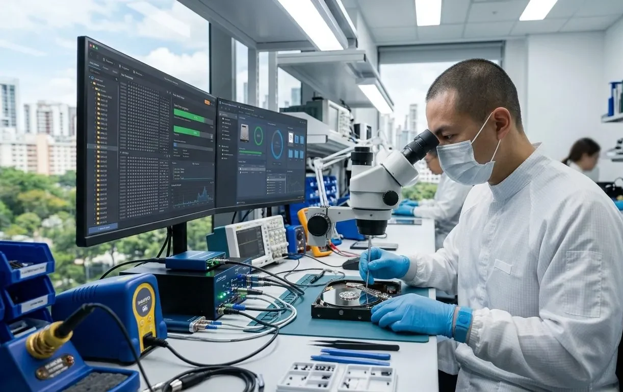 A data recovery engineer carefully recovering data in a lab