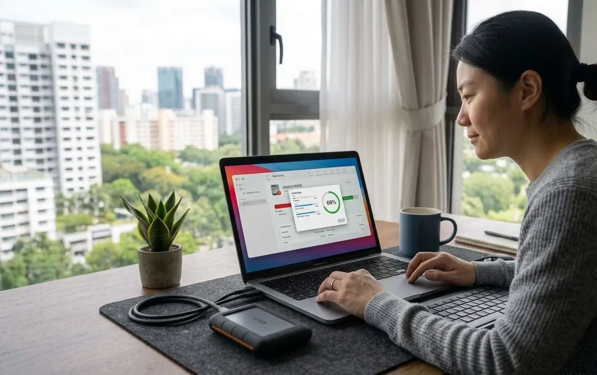 A person restoring files from a backup drive on a laptop