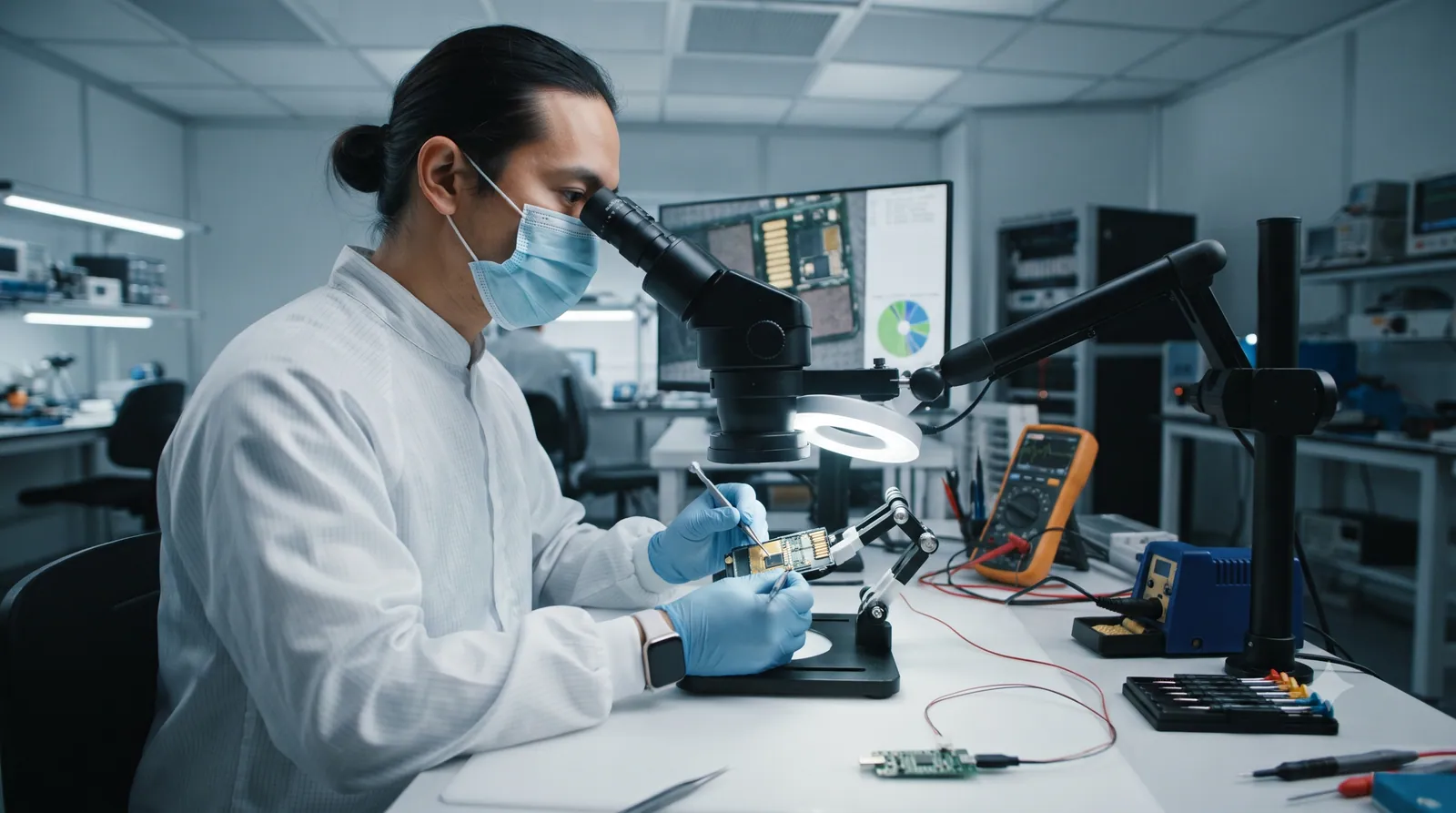 A data recovery engineer working on a memory card in a lab
