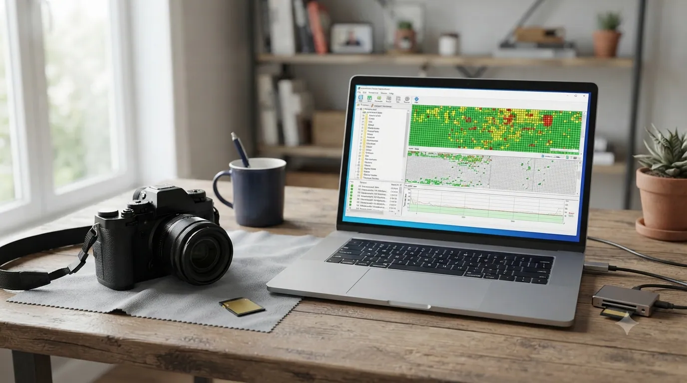 A camera and memory card beside a laptop running recovery software