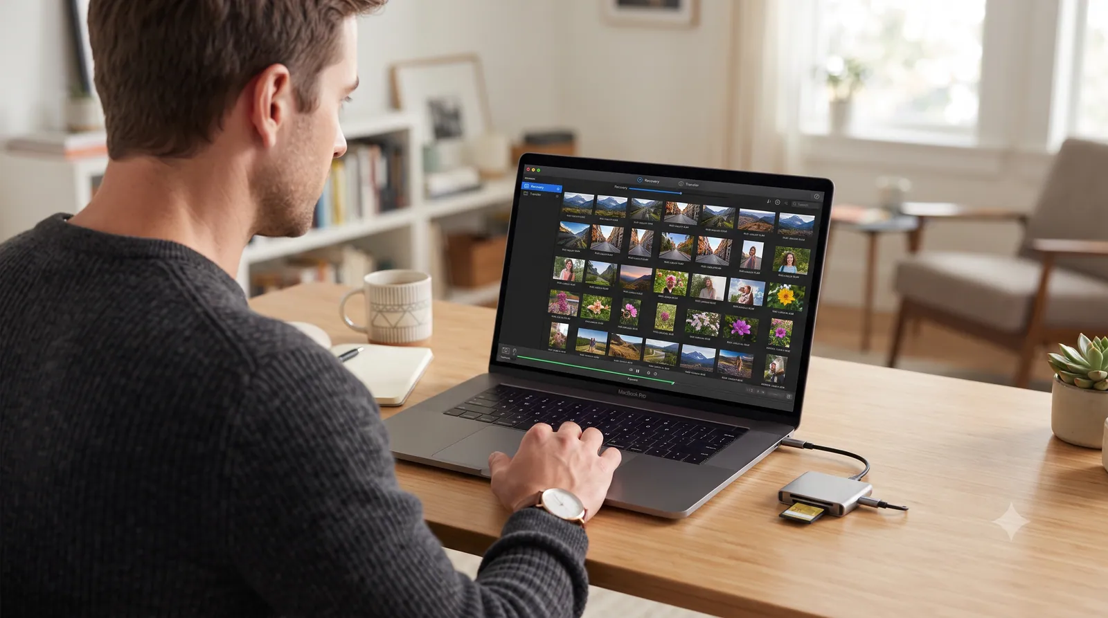 A person recovering RAW photos from a memory card on a laptop