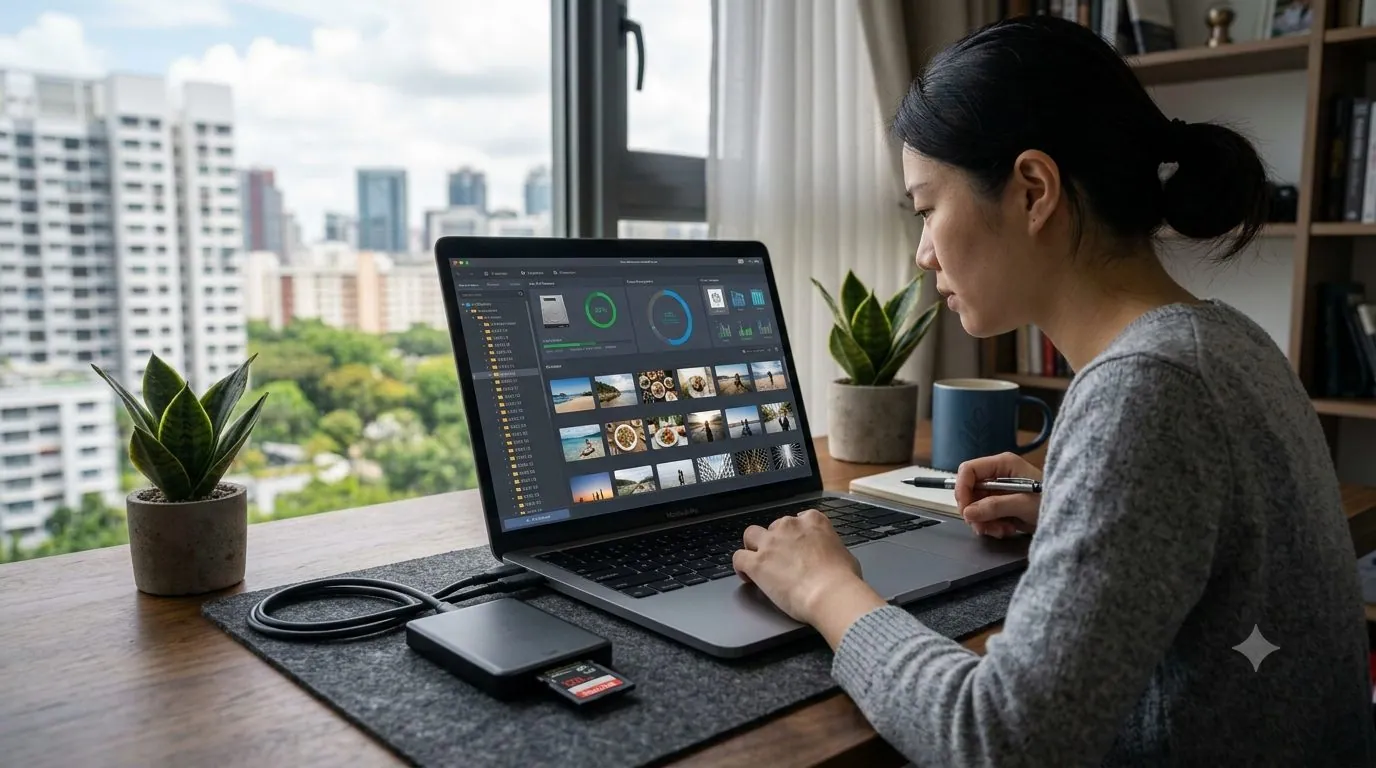 A memory card connected to a laptop running photo recovery software