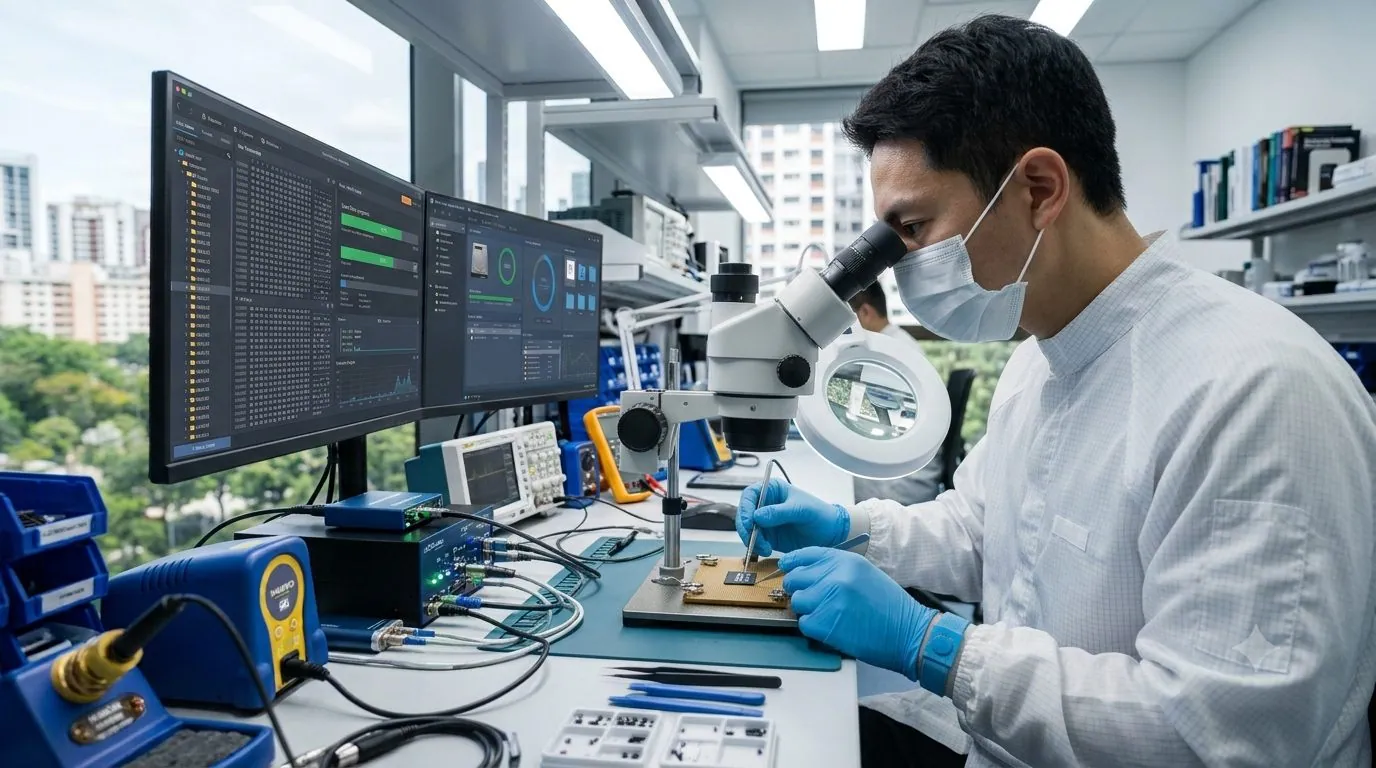 A data recovery engineer working on a memory card under a microscope in a lab