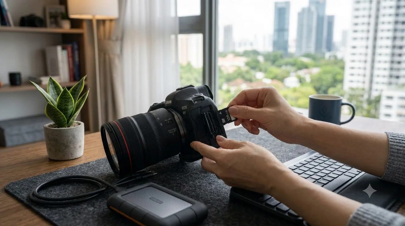 A digital camera with its SD card being removed on a desk