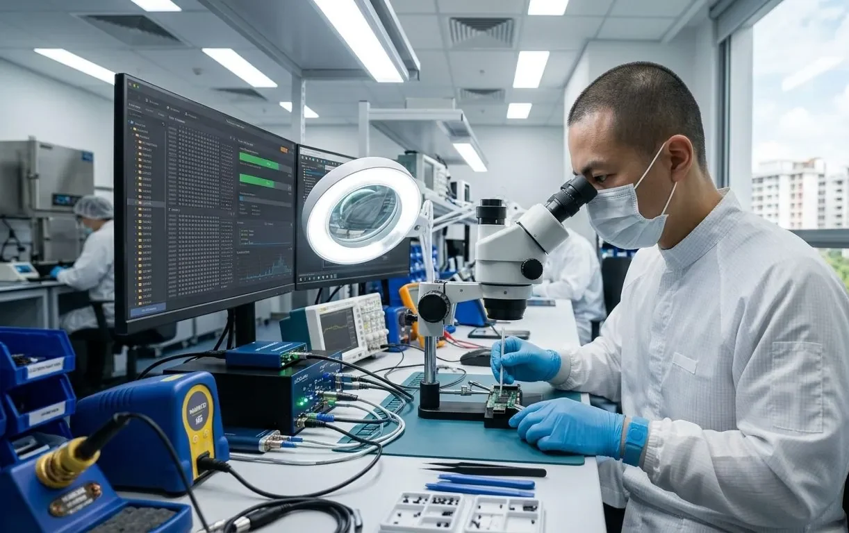 A data recovery engineer examining a USB flash drive board under a microscope