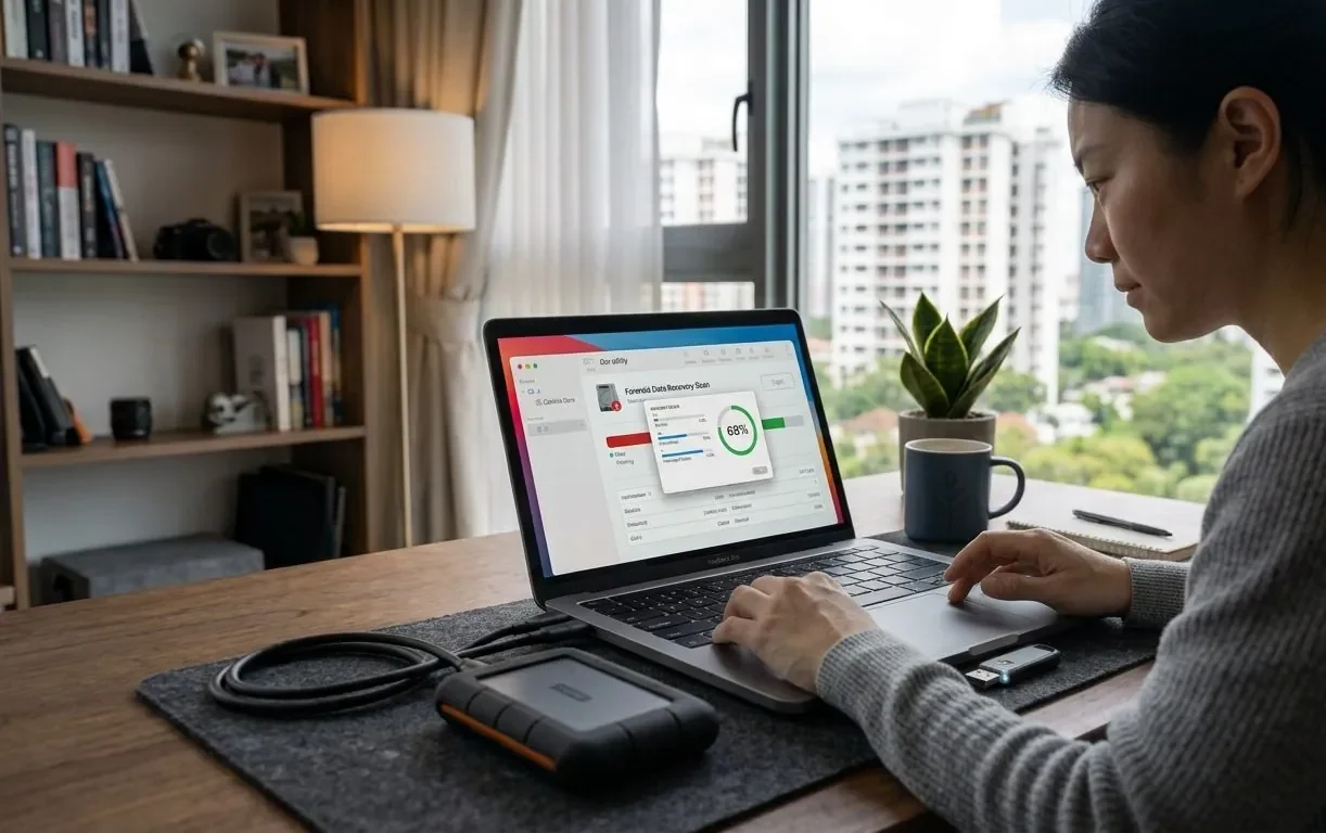 A person running recovery software on a laptop to scan a USB flash drive