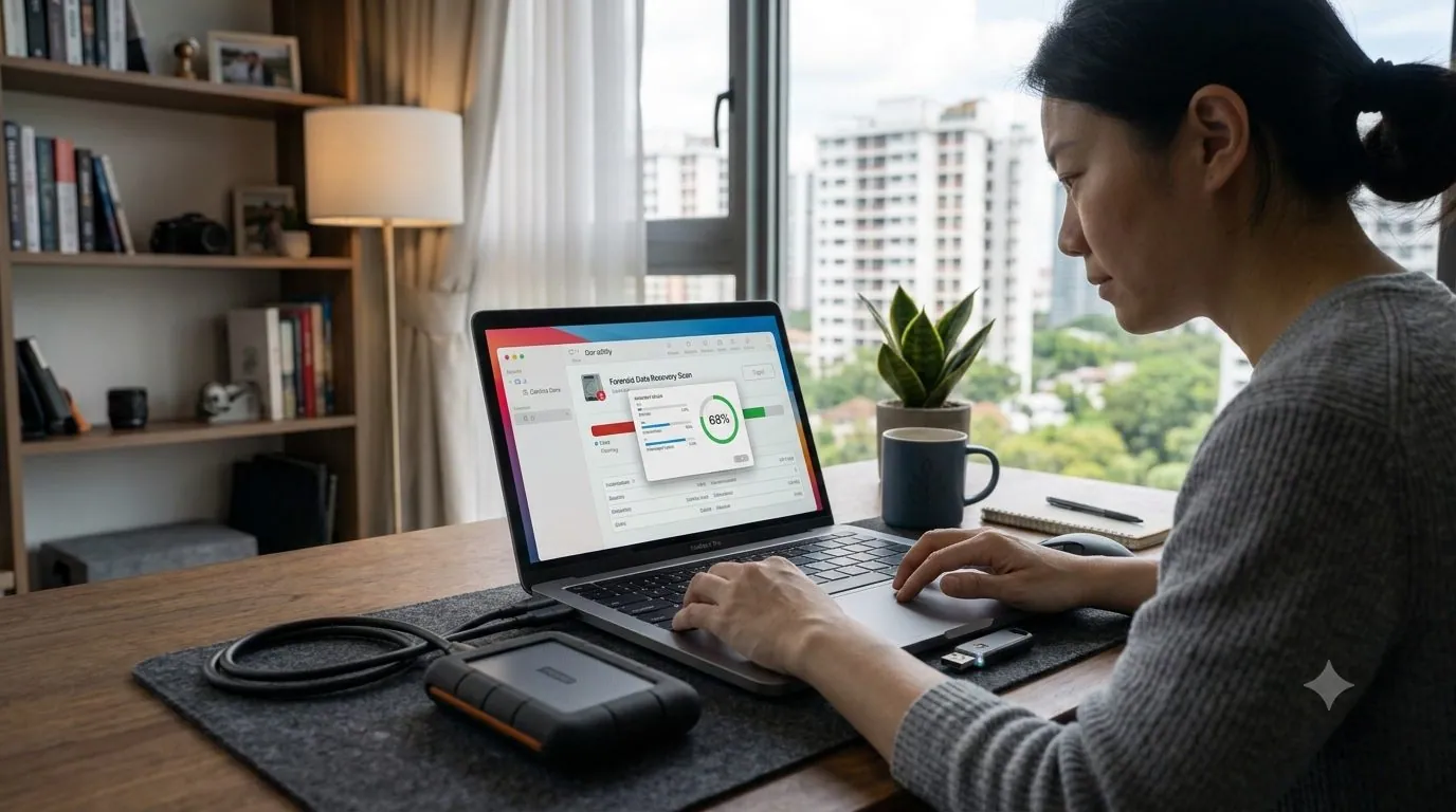 A USB flash drive plugged into a laptop being recovered on a desk