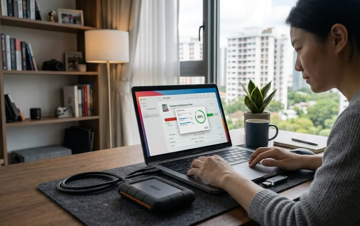 A USB flash drive plugged into a laptop being recovered on a desk