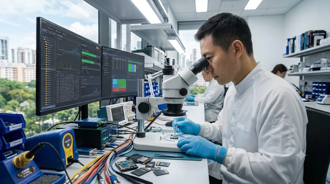 A data recovery engineer examining a memory chip under a microscope in a lab