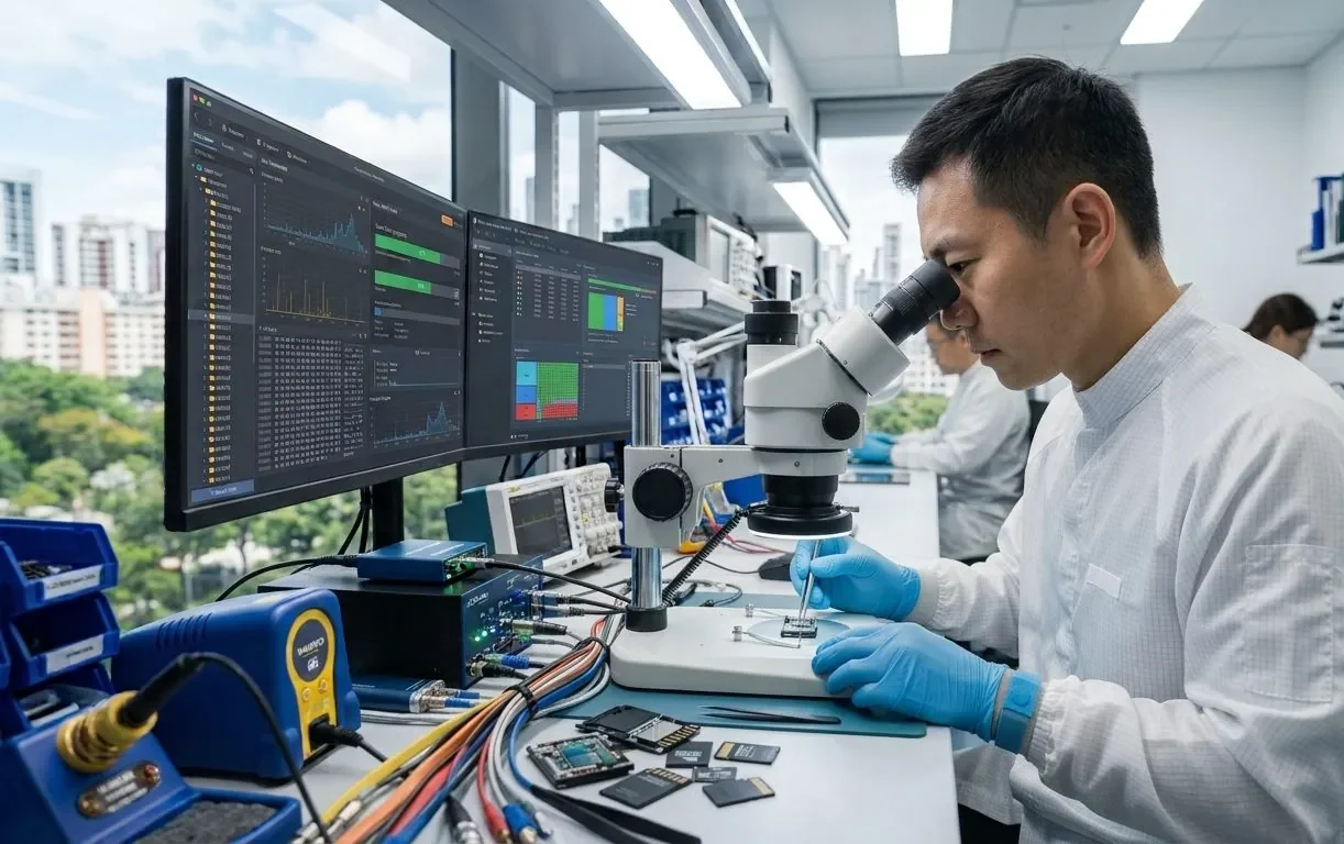 A data recovery engineer examining a memory chip under a microscope in a lab