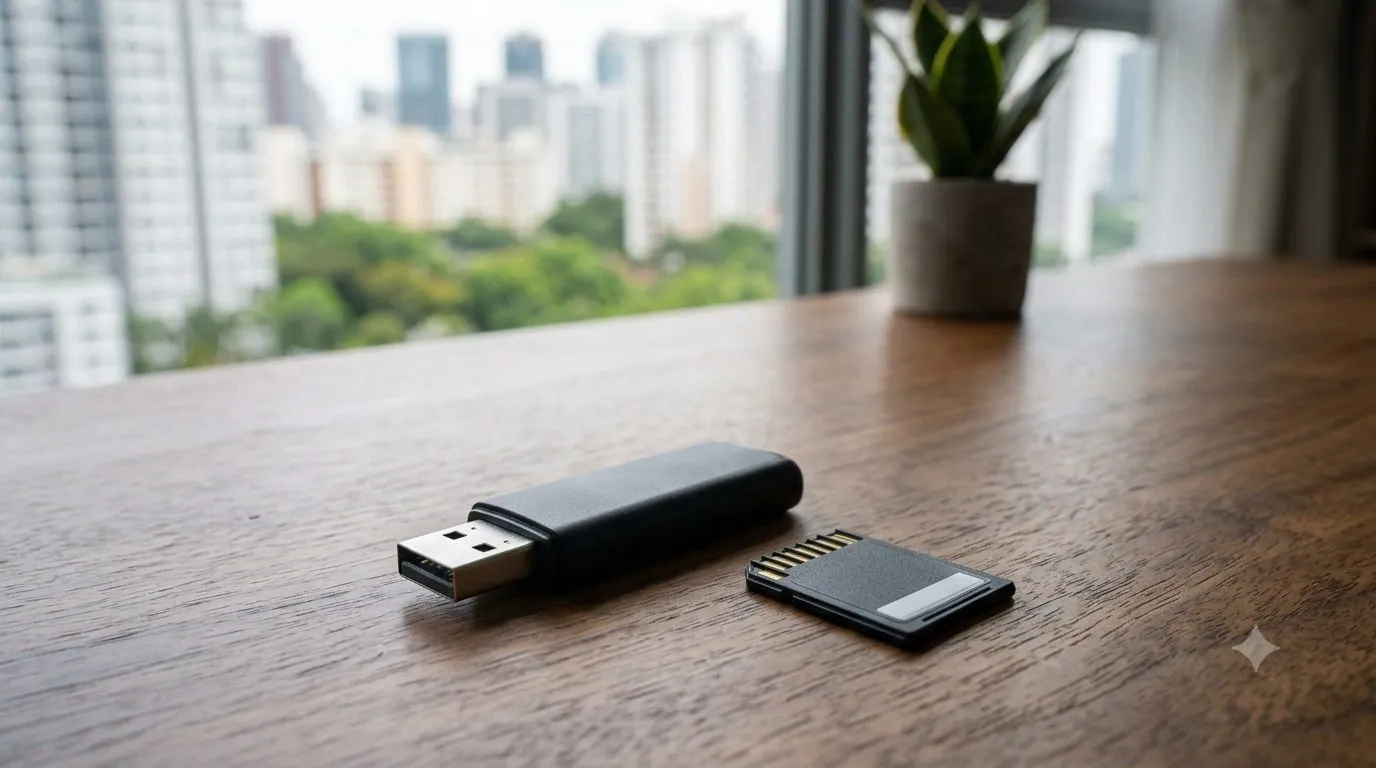 A USB flash drive and an SD card side by side on a desk