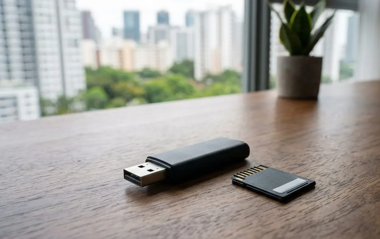 A USB flash drive and an SD card side by side on a desk