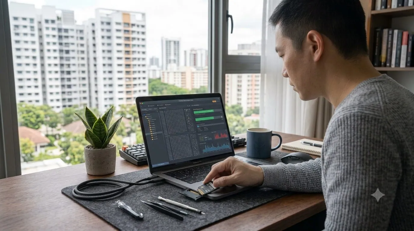 A person inserting an SD card into a laptop card slot