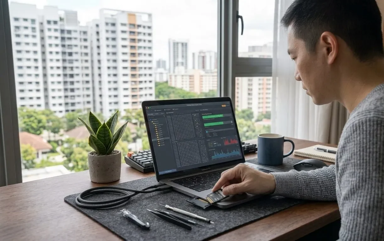 A person inserting an SD card into a laptop card slot
