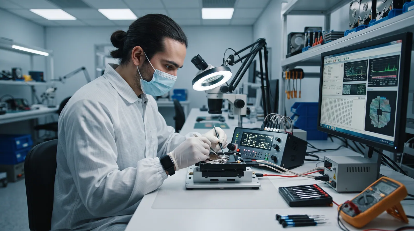 A data recovery engineer diagnosing a drive causing file corruption in a lab