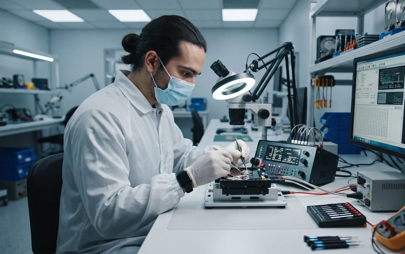 A data recovery engineer diagnosing a drive causing file corruption in a lab