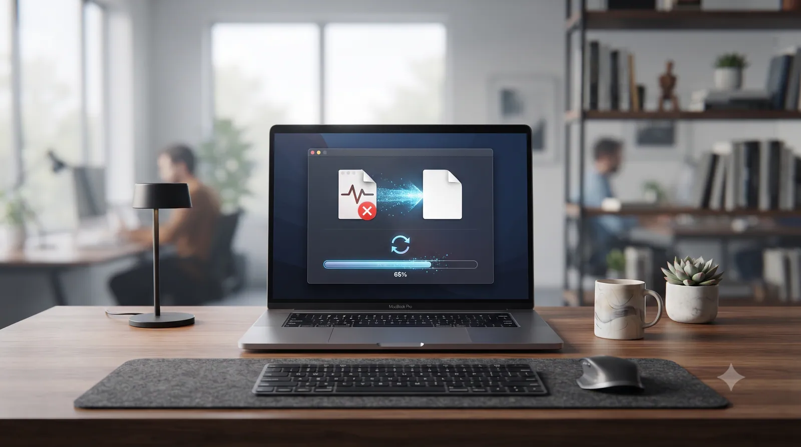 A laptop showing a corrupted file being repaired
