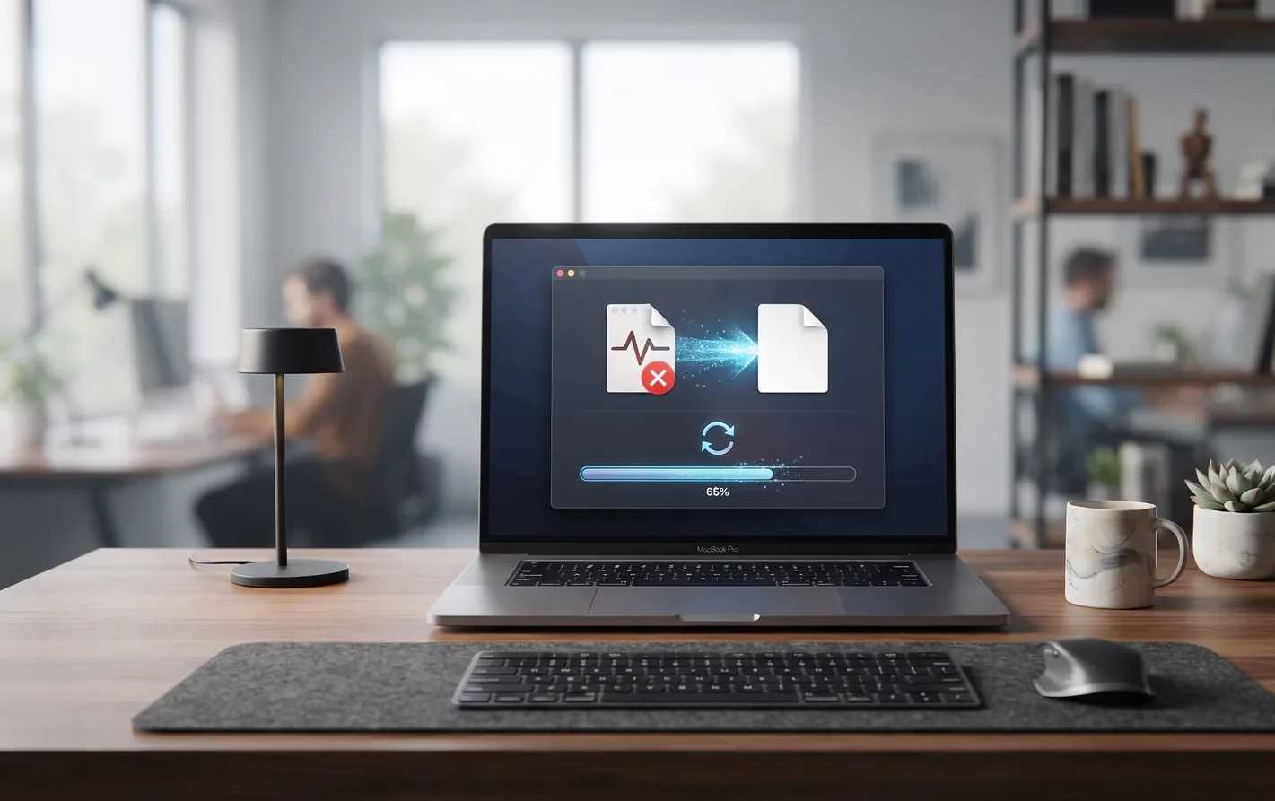 A laptop showing a corrupted file being repaired
