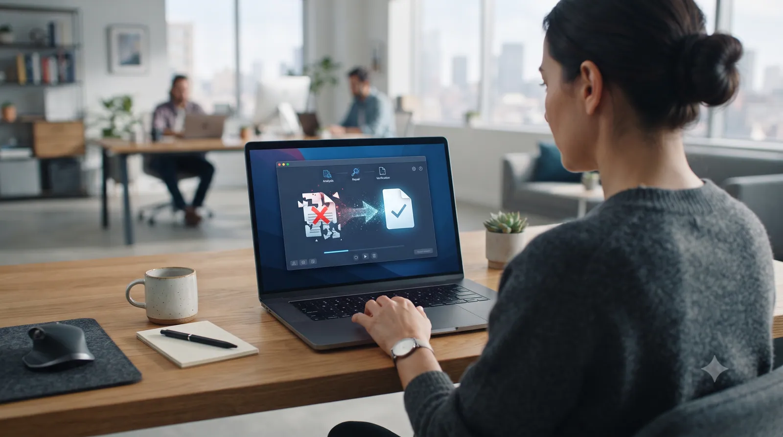 A person repairing corrupted files with repair software on a laptop