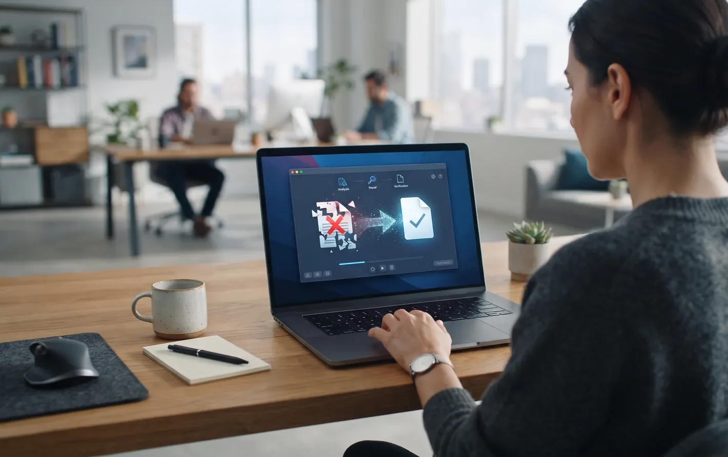 A person repairing corrupted files with repair software on a laptop