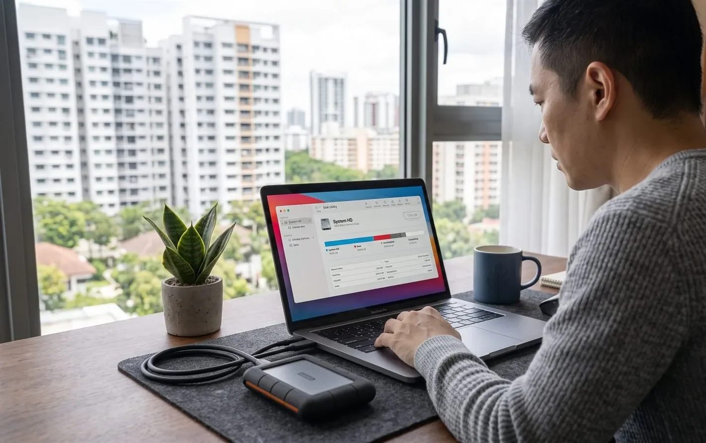 A person checking an external drive in Disk Management on a laptop