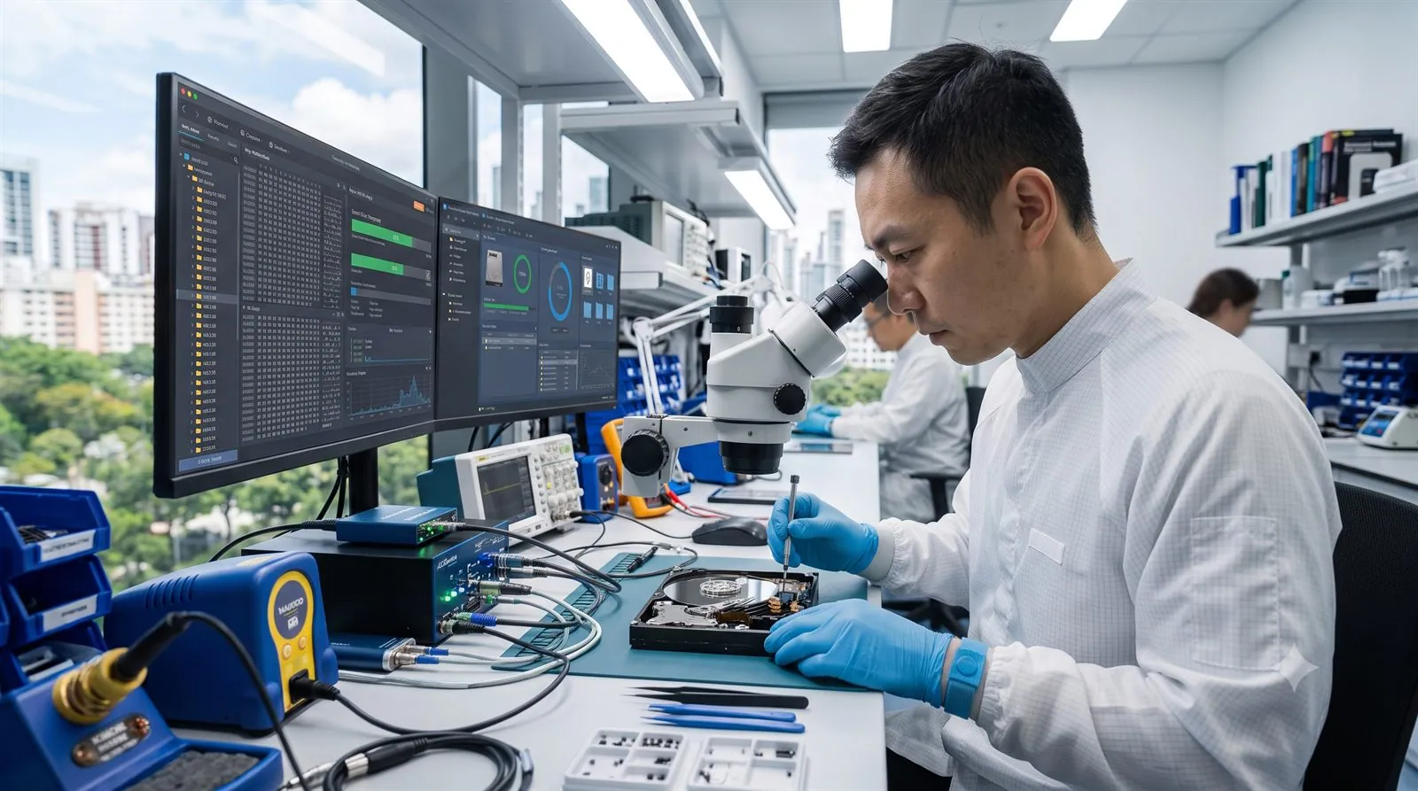 A data recovery engineer repairing an external drive in a lab