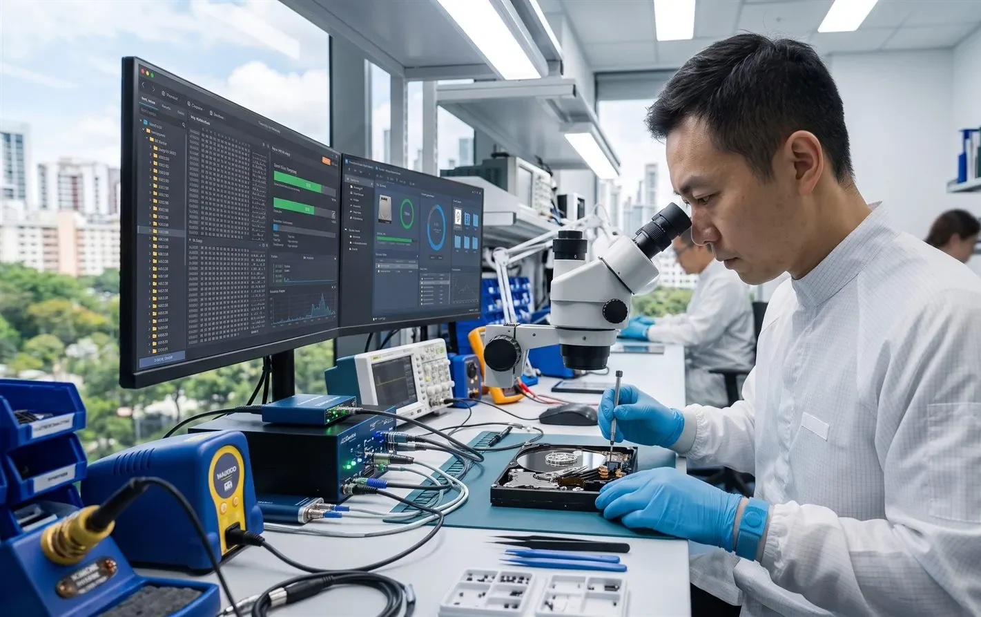 A data recovery engineer working on an external drive in a lab to read its storage