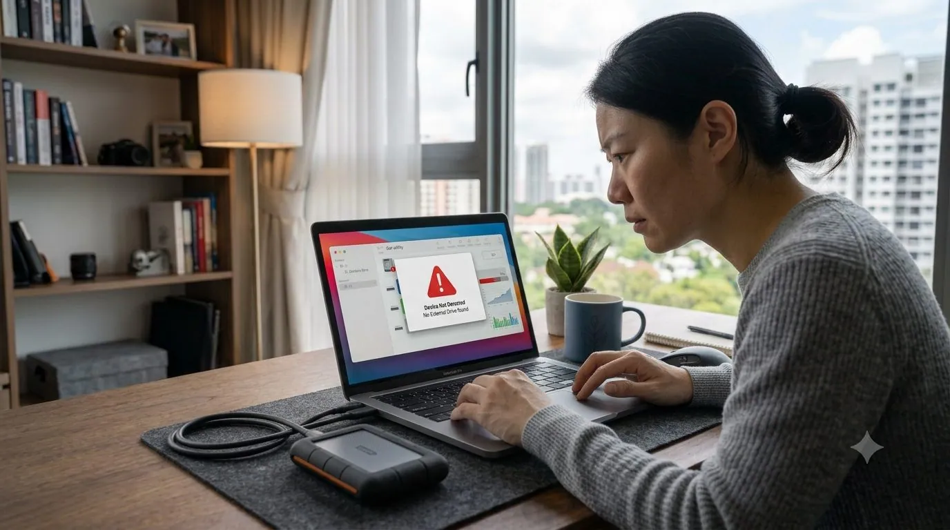 An external hard drive plugged into a laptop that isn't detecting it