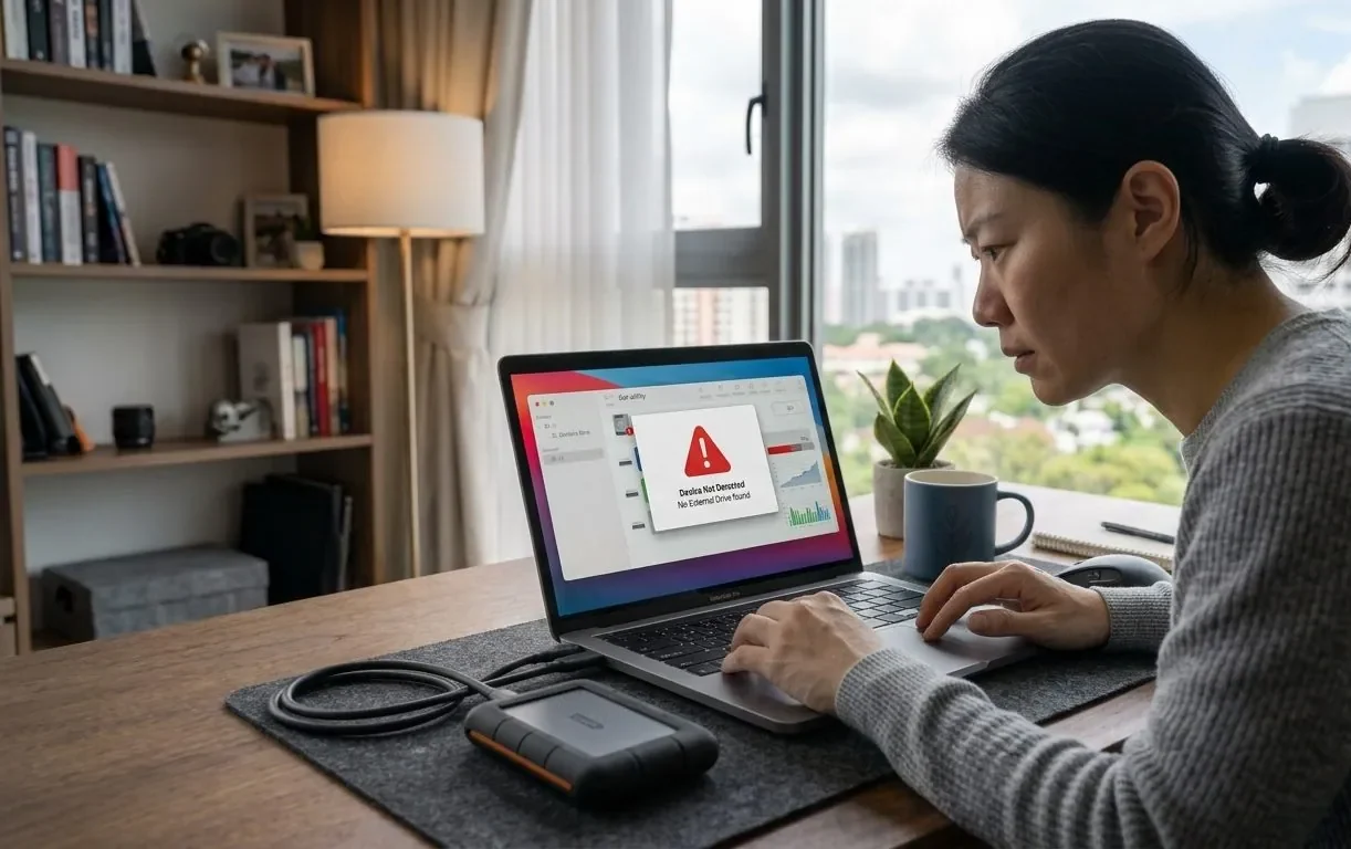 An external hard drive plugged into a laptop that isn't detecting it