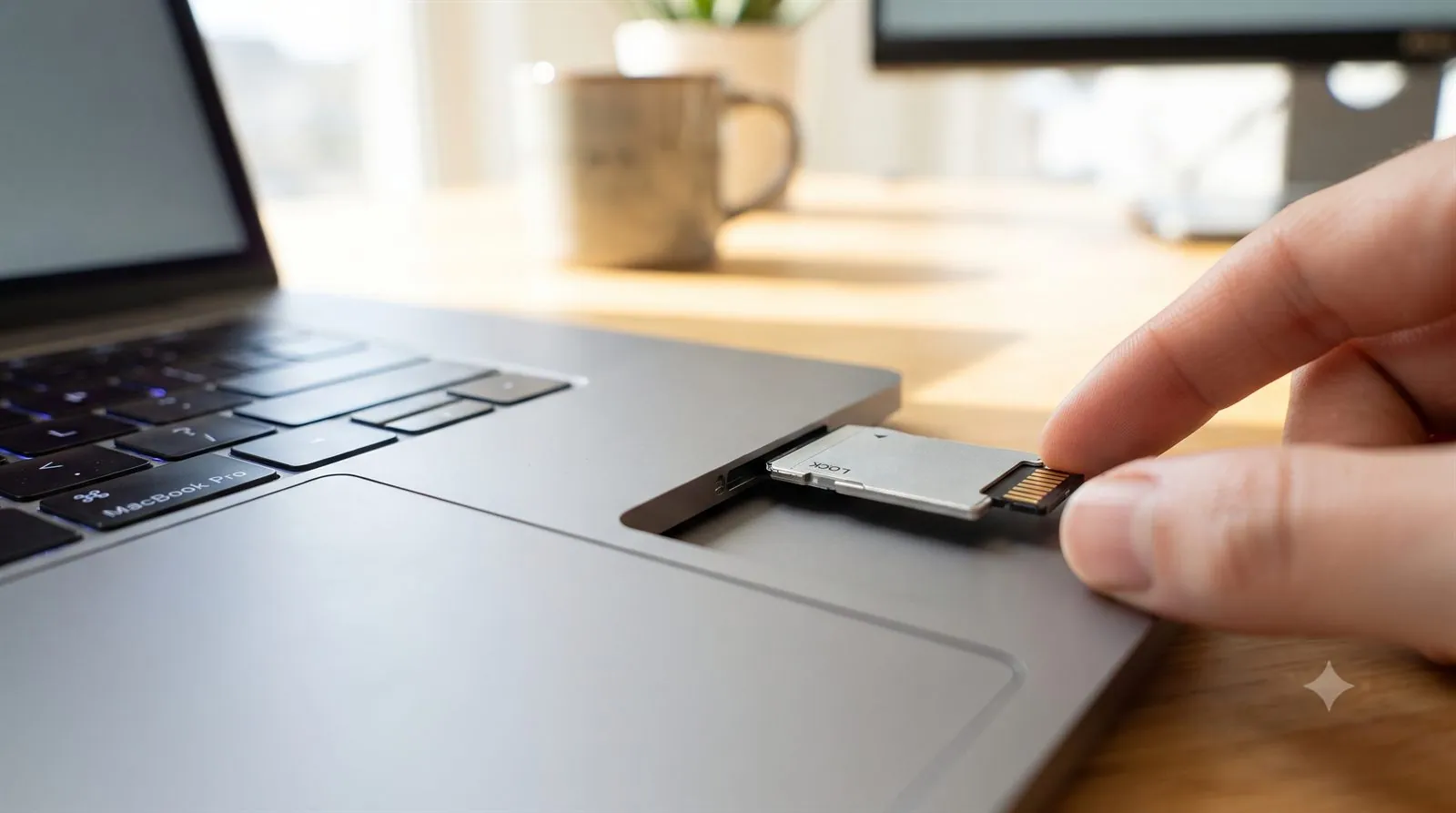 A microSD card in an adapter being connected to a MacBook
