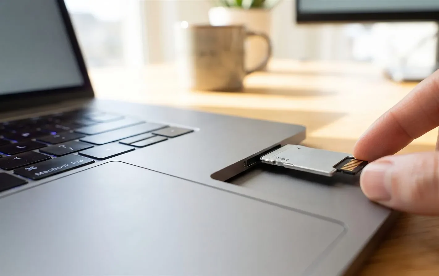 A microSD card in an adapter being connected to a MacBook