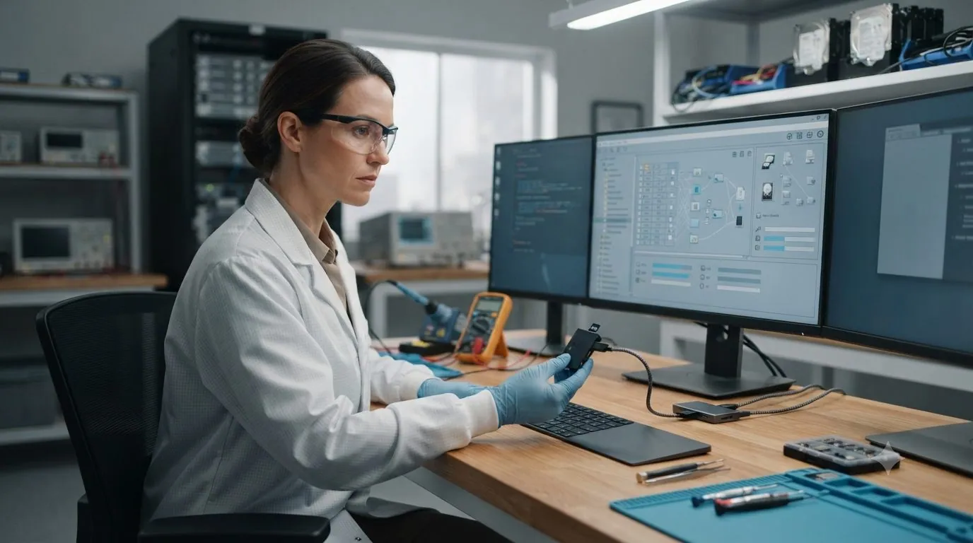 A data recovery engineer recovering files from an SD card in a lab