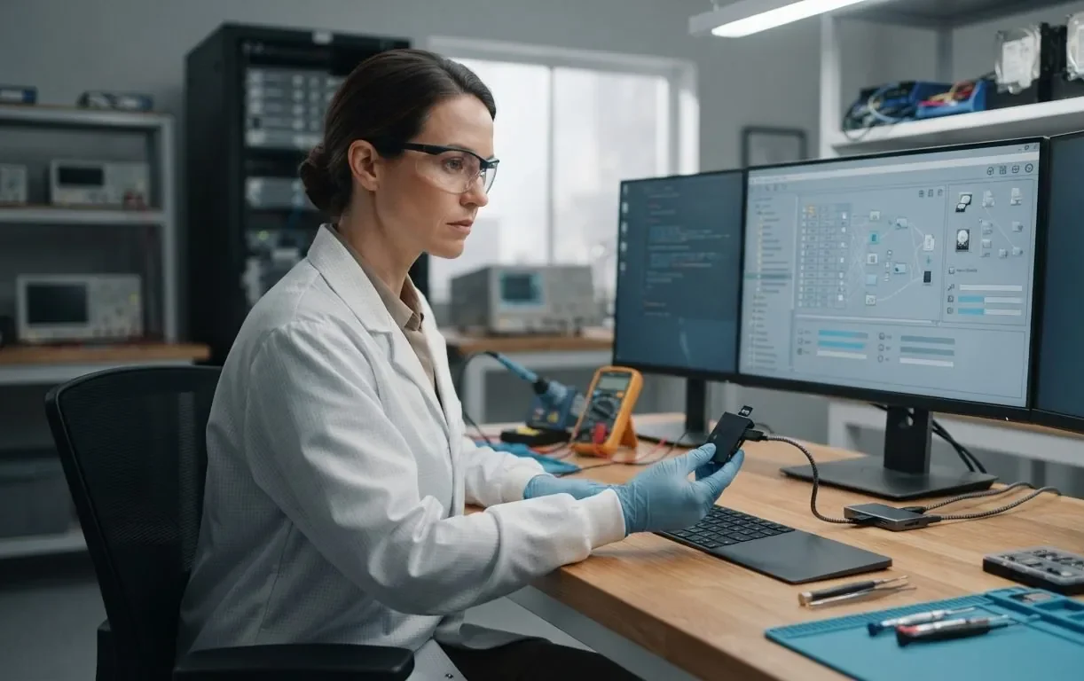 A data recovery engineer recovering files from an SD card in a lab