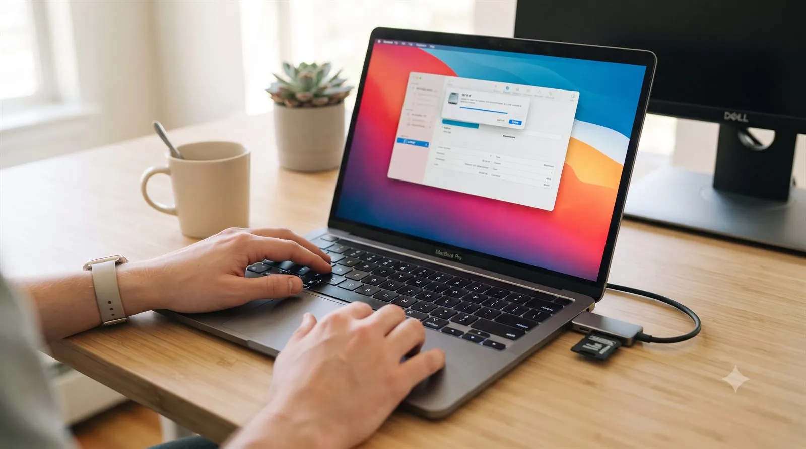 A person formatting an SD card in Disk Utility on a Mac