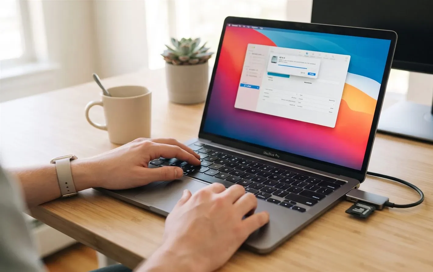 A person formatting an SD card in Disk Utility on a Mac