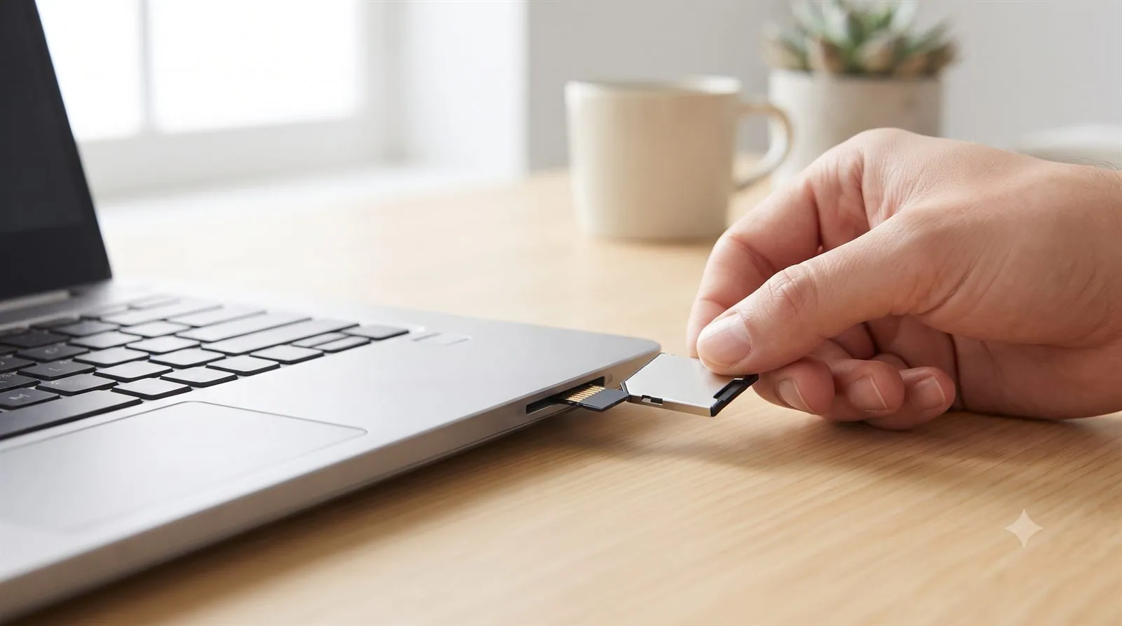 A microSD card in an adapter inserted into a Windows laptop card reader