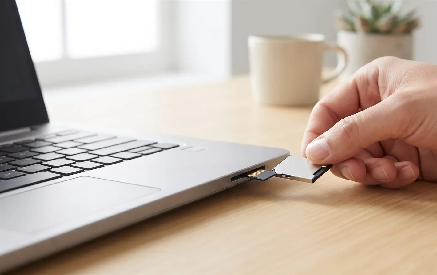 A microSD card in an adapter inserted into a Windows laptop card reader
