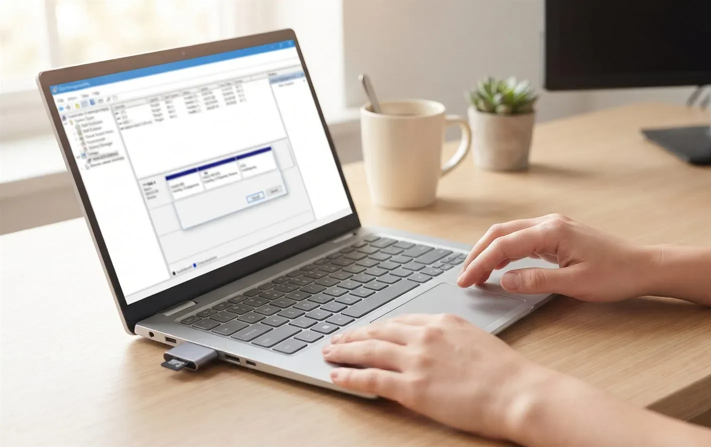 A person formatting an SD card in Windows Disk Management