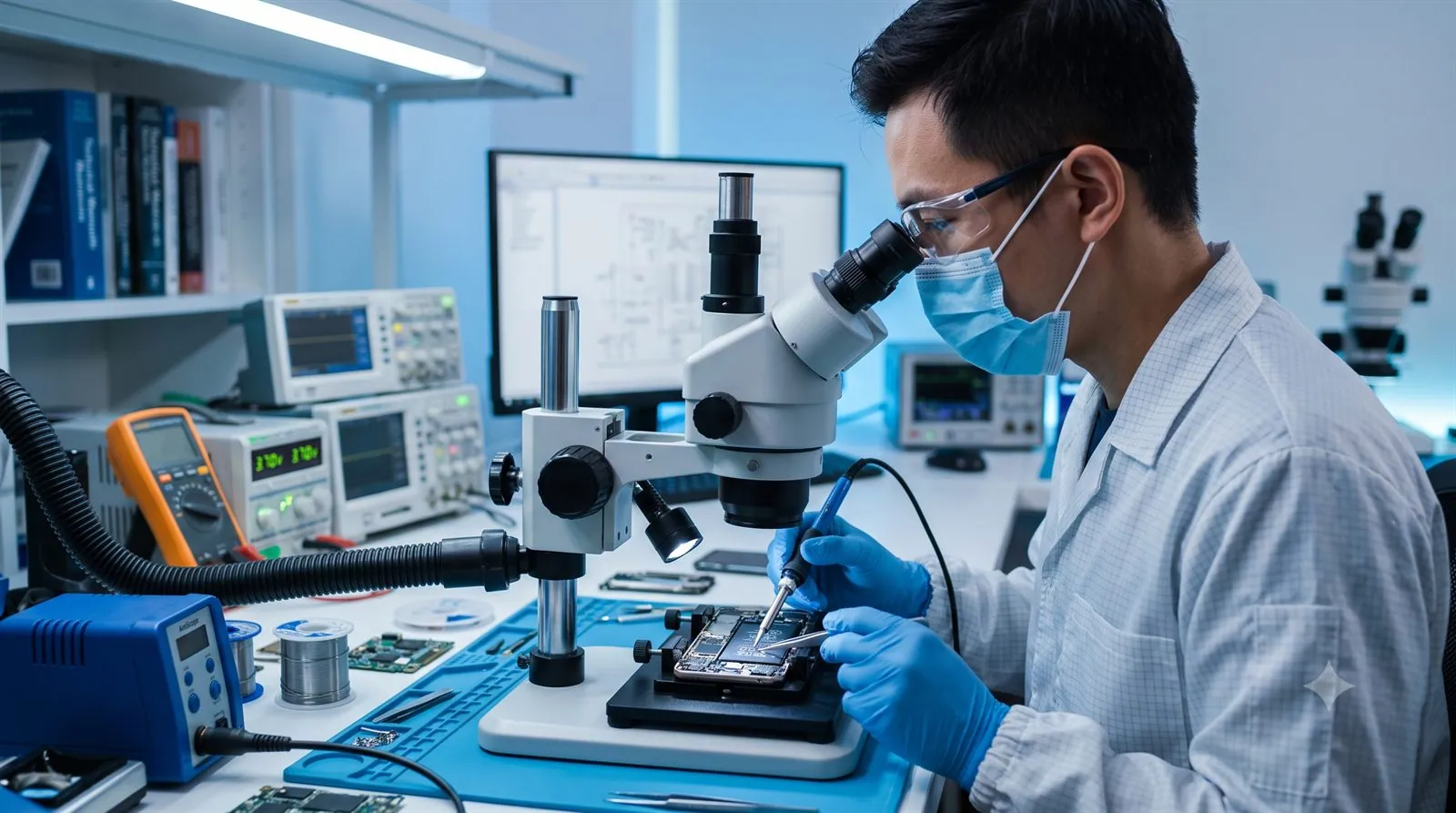 A data recovery engineer working on a smartphone board in a professional lab