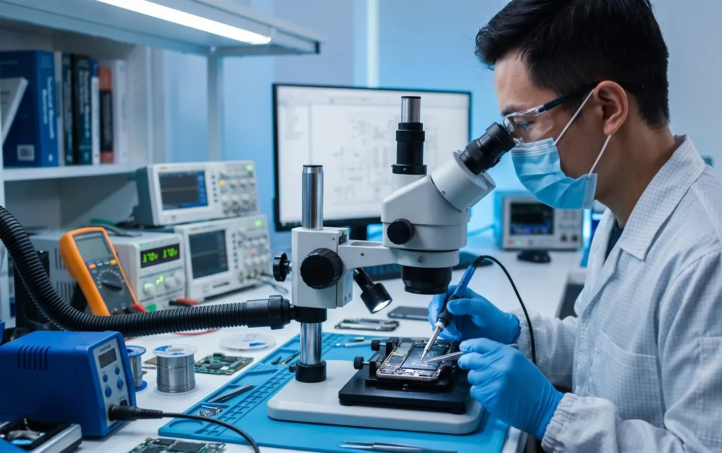 A data recovery engineer working on a smartphone board in a professional lab