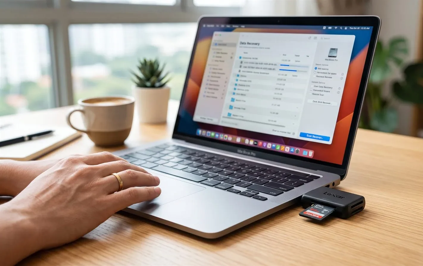 A microSD card being scanned on a laptop with data recovery software