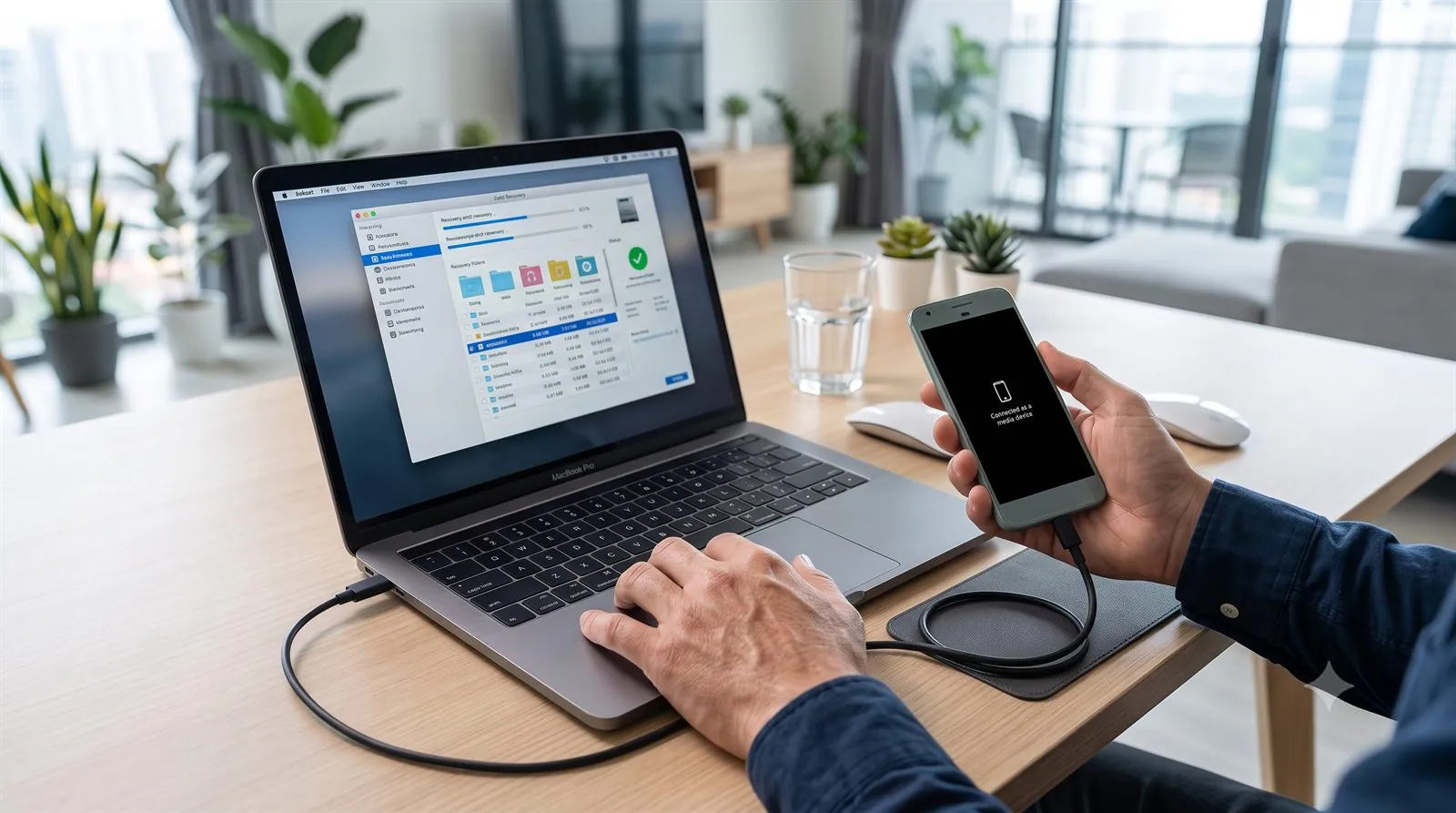 A person scanning an Android phone connected to a laptop to recover deleted files