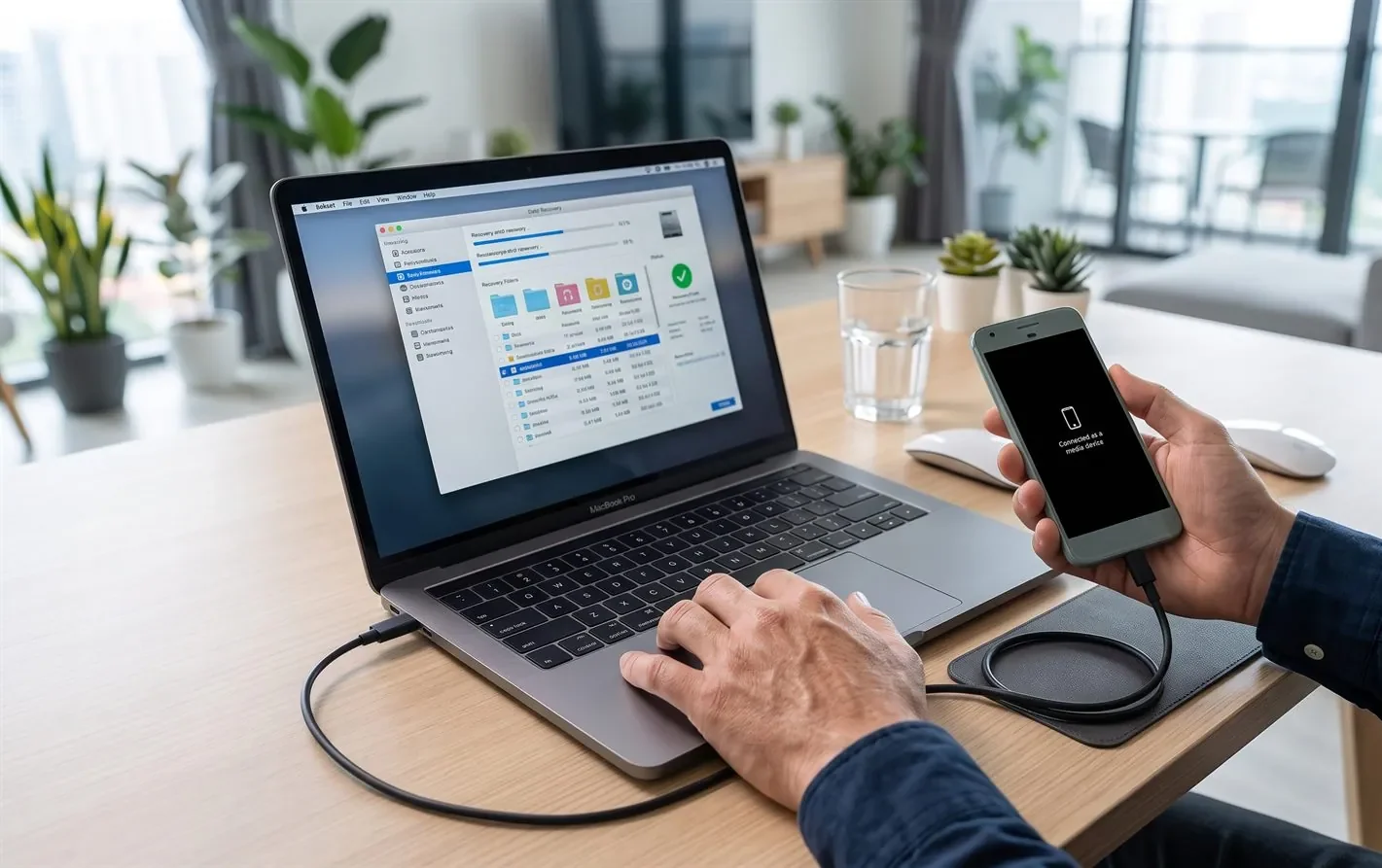 A person scanning an Android phone connected to a laptop to recover deleted files