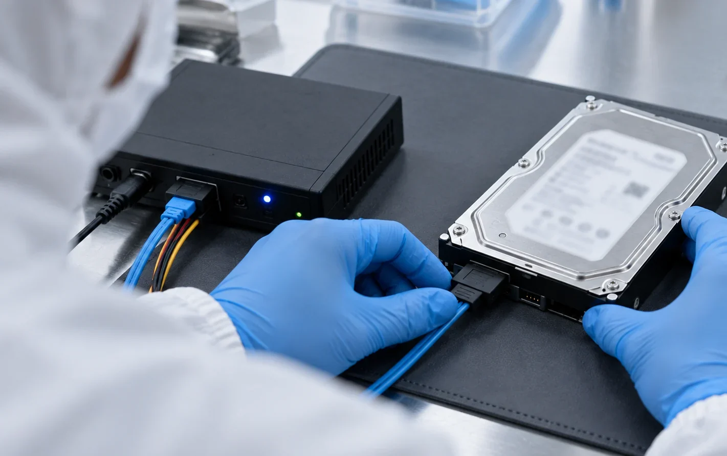 A data recovery engineer connecting a sealed hard drive to a hardware write-blocker